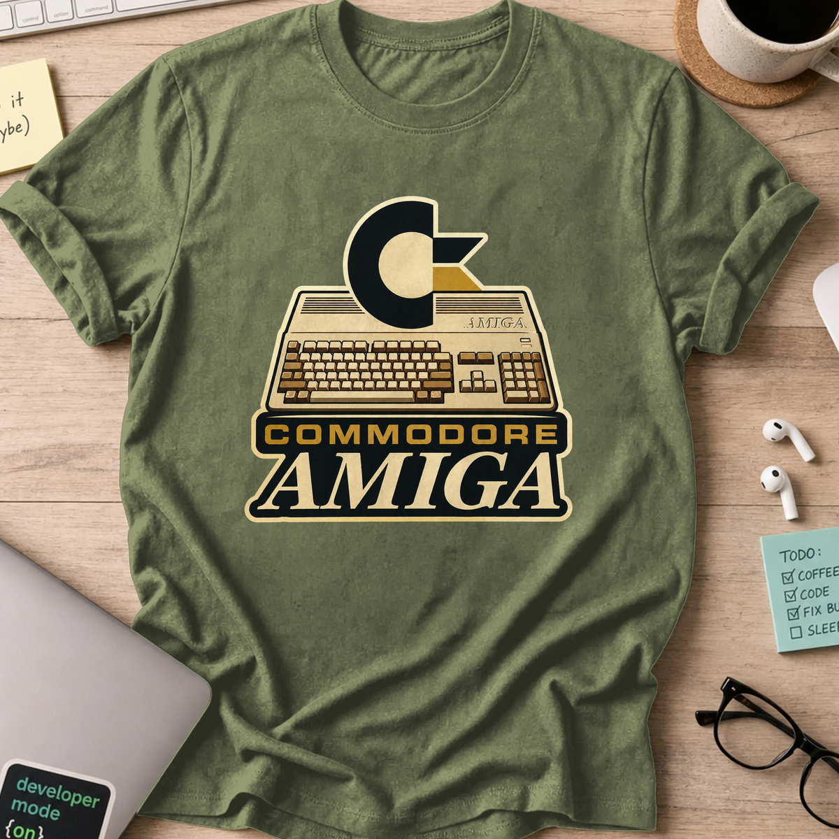 Commodore Amiga Nerd Shirt - Military Green mockup