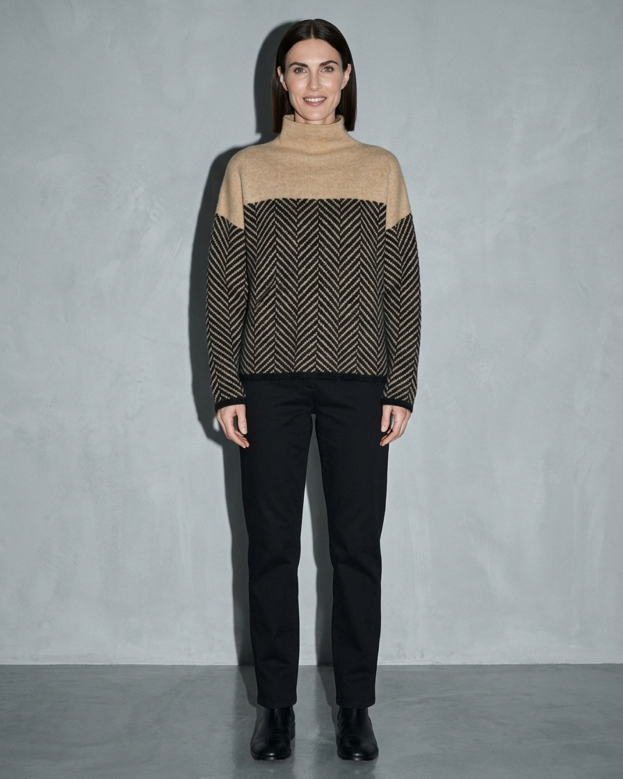 Women's Ribbed Turtleneck Knit Sweater, frontal relaxed stand, worn by model