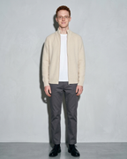 Men's Retro Zip-Front Knit Cardigan, frontal relaxed stand, worn by model