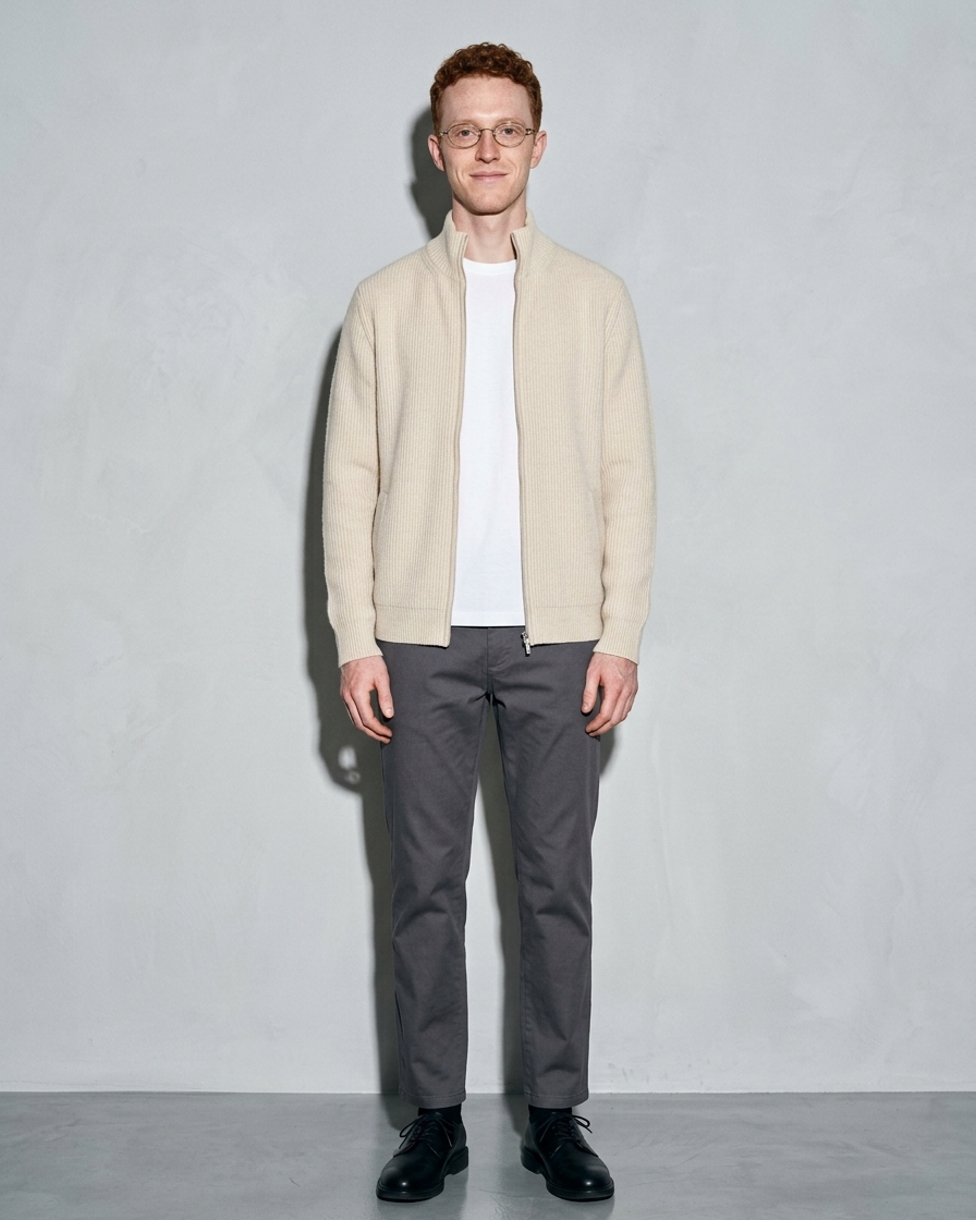 Men's Retro Zip-Front Knit Cardigan, frontal relaxed stand, worn by model
