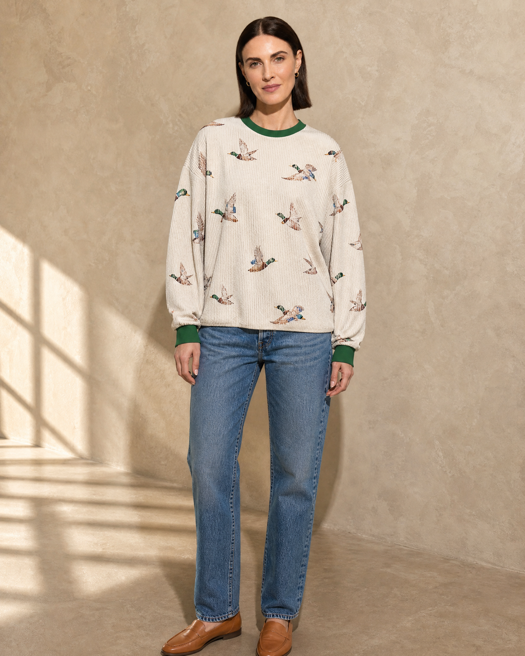 Womens Relaxed-fit Pullover Sweatshirt With An Animal Print in Beige, frontal relaxed stand, worn by model