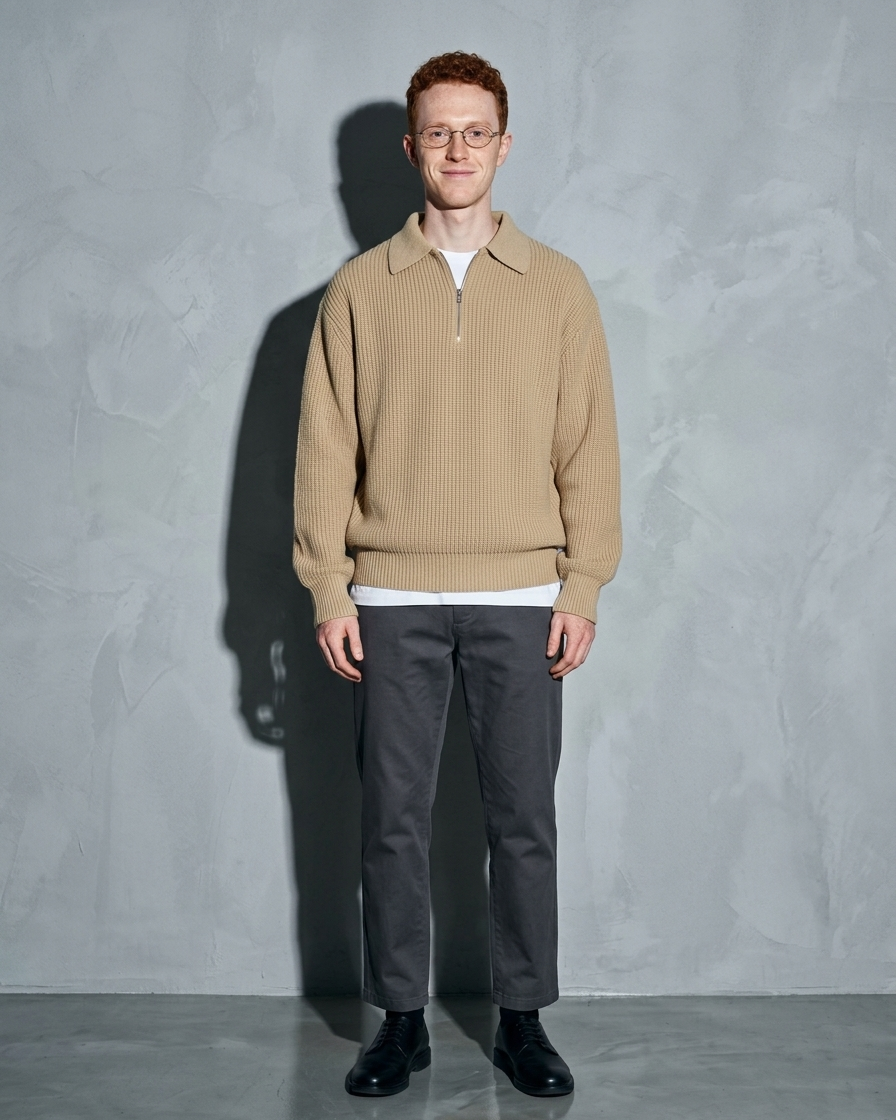 Men's Light Business Lapel Knit Sweater, frontal relaxed stand, worn by model