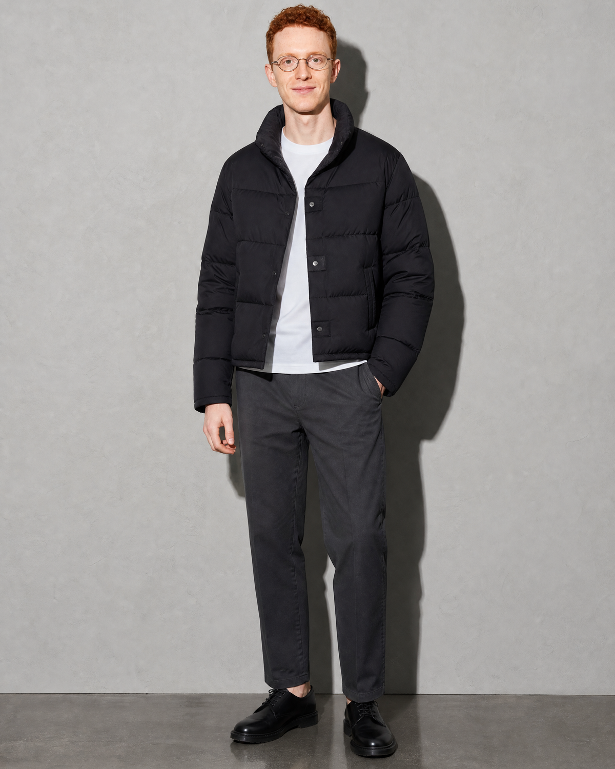 Coffee Color Cotton-padded Clothes Short Cotton Coat, frontal relaxed stand, worn by model