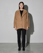Women's Batwing-Sleeve Lapel Coat, frontal relaxed stand, worn by model