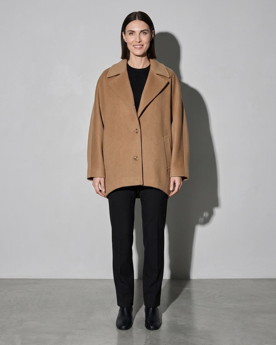 Women's Batwing-Sleeve Lapel Coat, frontal relaxed stand, worn by model