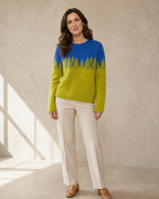 Women's Fashionable Pullover Sweater Top in Chartreuse Forest, frontal relaxed stand, worn by model