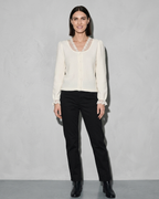 V-Neck Lace Crochet Button-Front Cardigan, frontal relaxed stand, worn by model