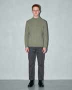 Men's Stand-Collar Cable-Knit Zip Sweater, frontal relaxed stand, worn by model