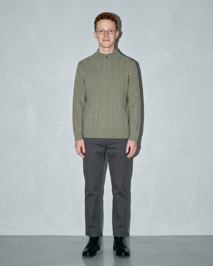 Men's Stand-Collar Cable-Knit Zip Sweater, frontal relaxed stand, worn by model