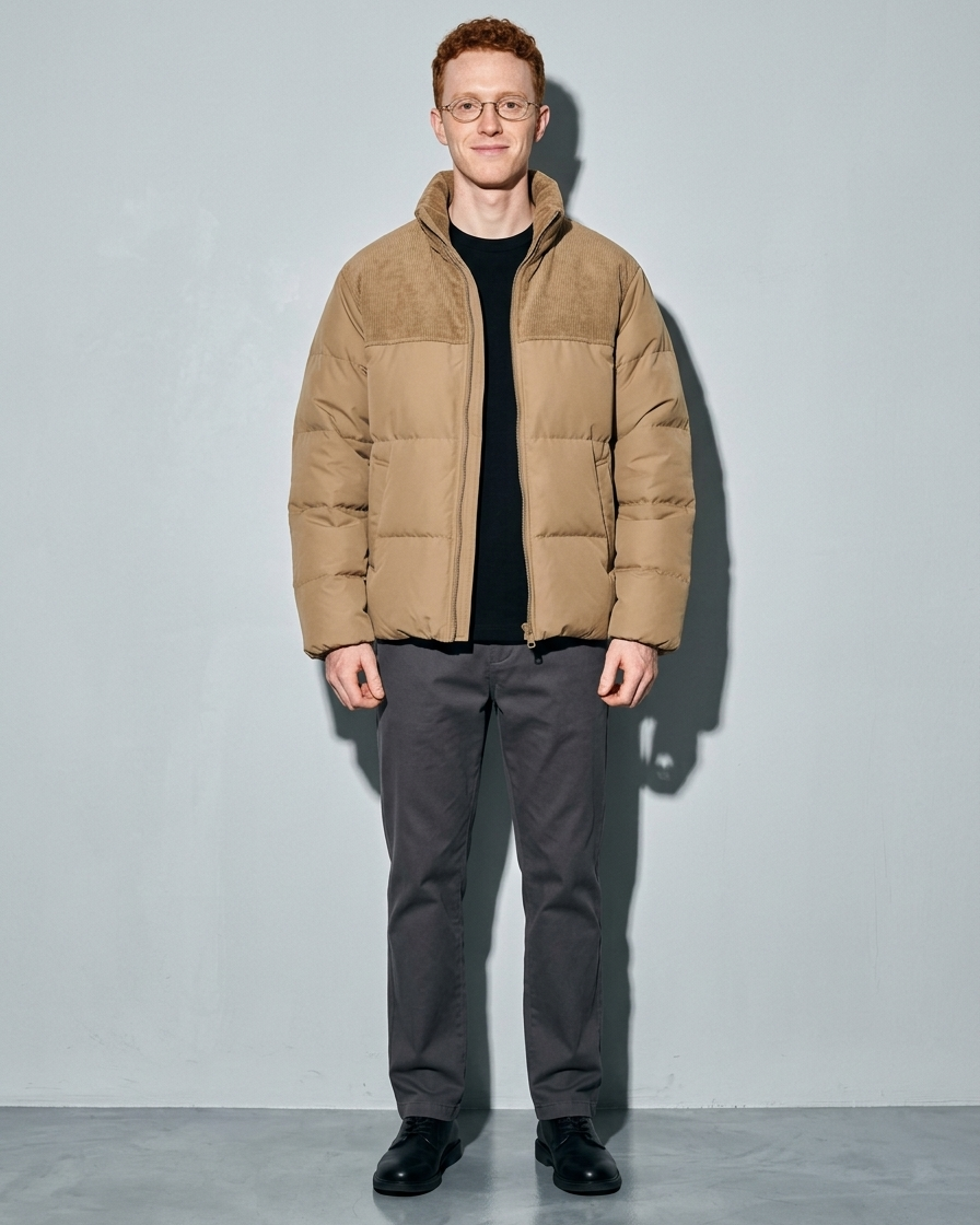 Duck Down Down Jacket Men's Winter American Outdoor, frontal relaxed stand, worn by model