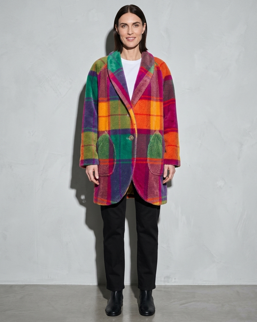 Women's Rainbow Plaid Button Coat with Pockets, frontal relaxed stand, worn by model