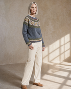 Women's Fashionable Pullover Sweater Top in Sea Blue, three-quarter turn, worn by model