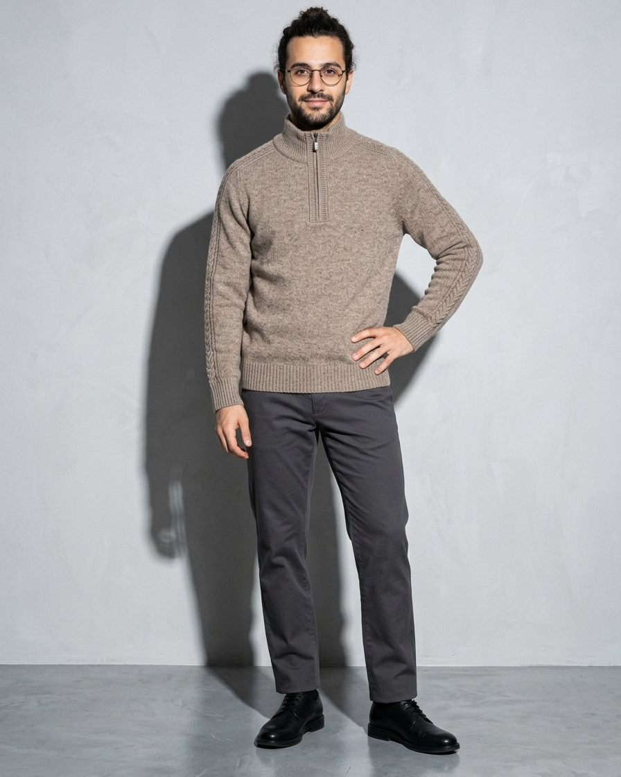 Zipper High Neck Thickened Woolen Sweater, contrapposto hand on hip, worn by model