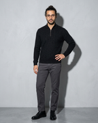 Men's Stand-Collar Cable-Knit Zip Sweater, contrapposto hand on hip, worn by model