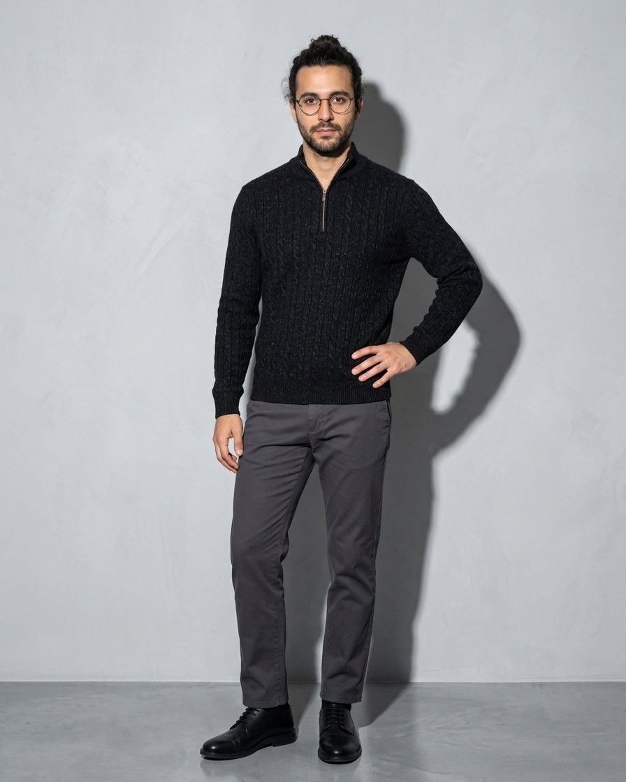 Men's Stand-Collar Cable-Knit Zip Sweater, contrapposto hand on hip, worn by model