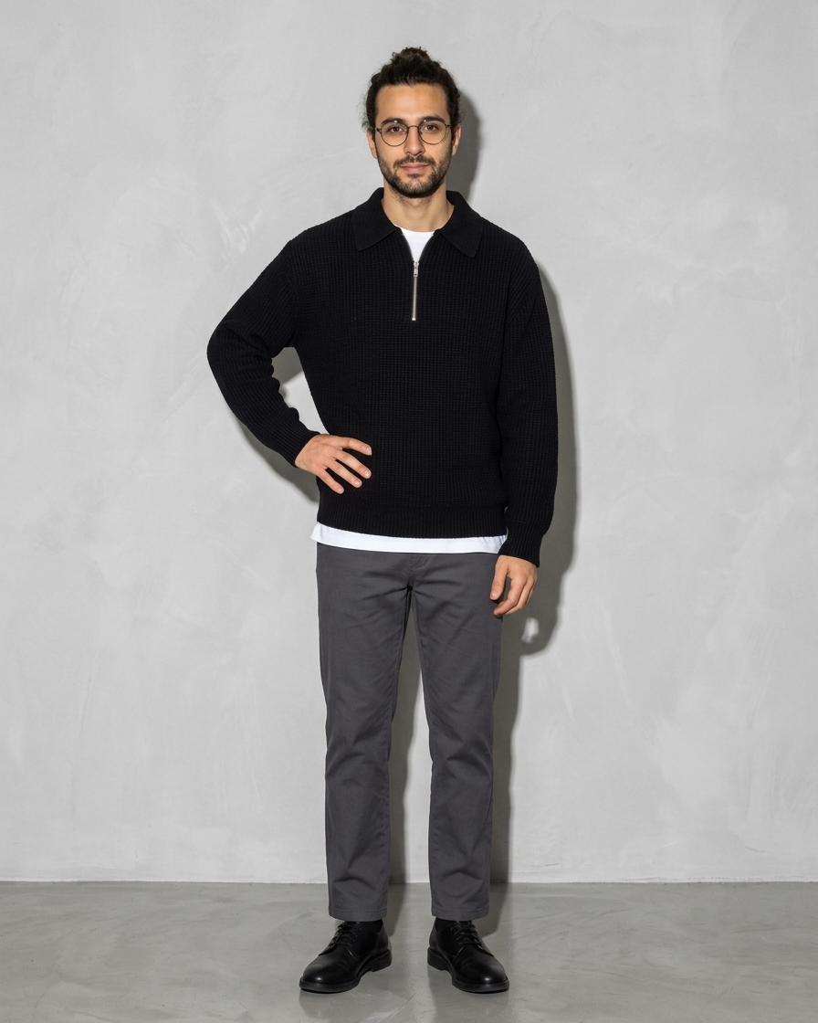 Men's Light Business Lapel Knit Sweater, contrapposto hand on hip, worn by model