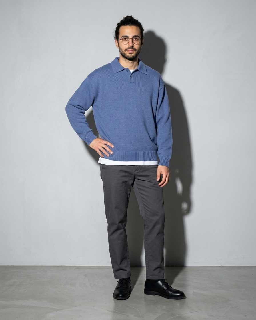 Men's Ribbed-Hem Lapel Knit Sweater, contrapposto hand on hip, worn by model
