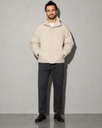 Coffee Color Cotton-padded Clothes Short Cotton Coat, hands in pockets, worn by model