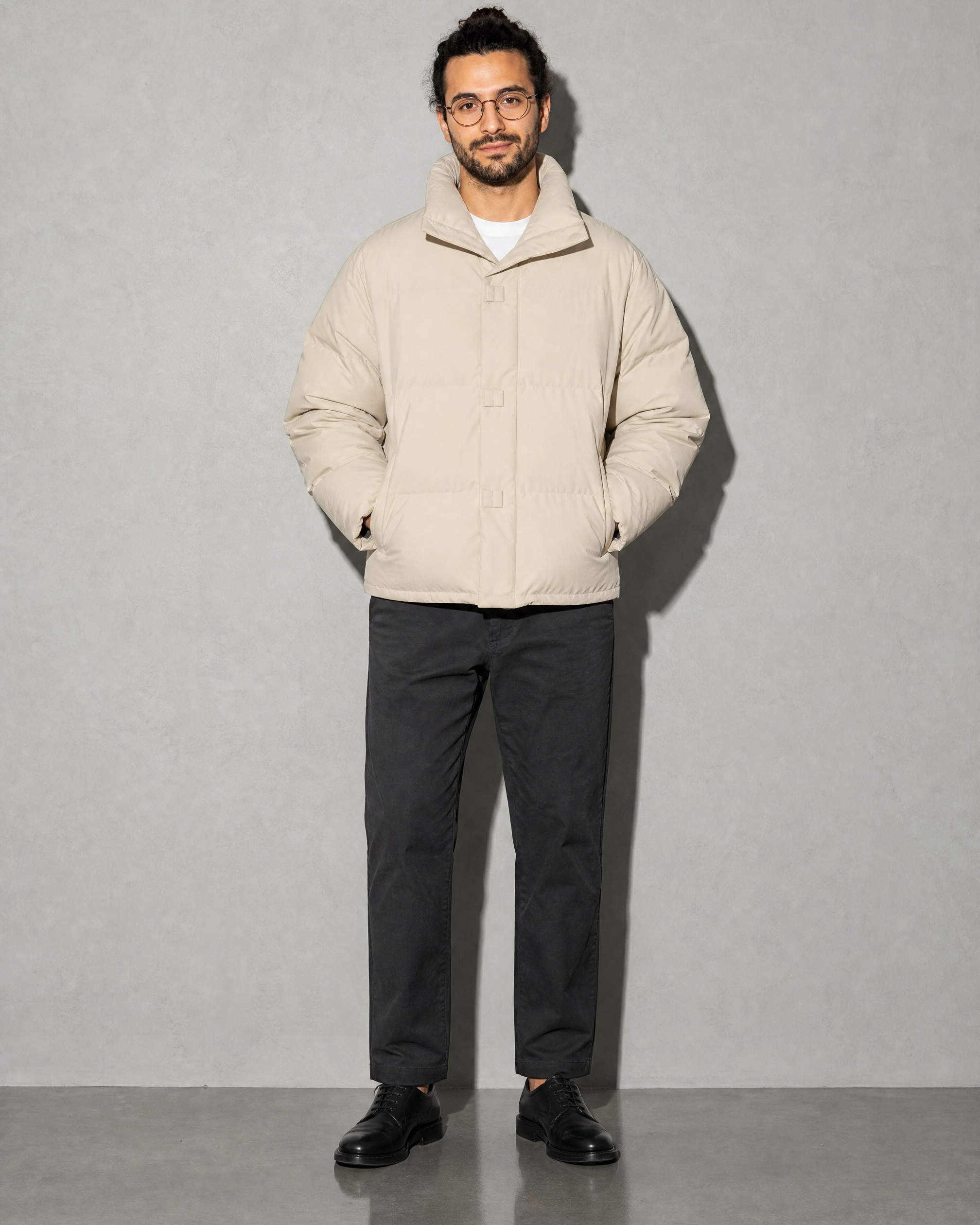 Coffee Color Cotton-padded Clothes Short Cotton Coat, hands in pockets, worn by model