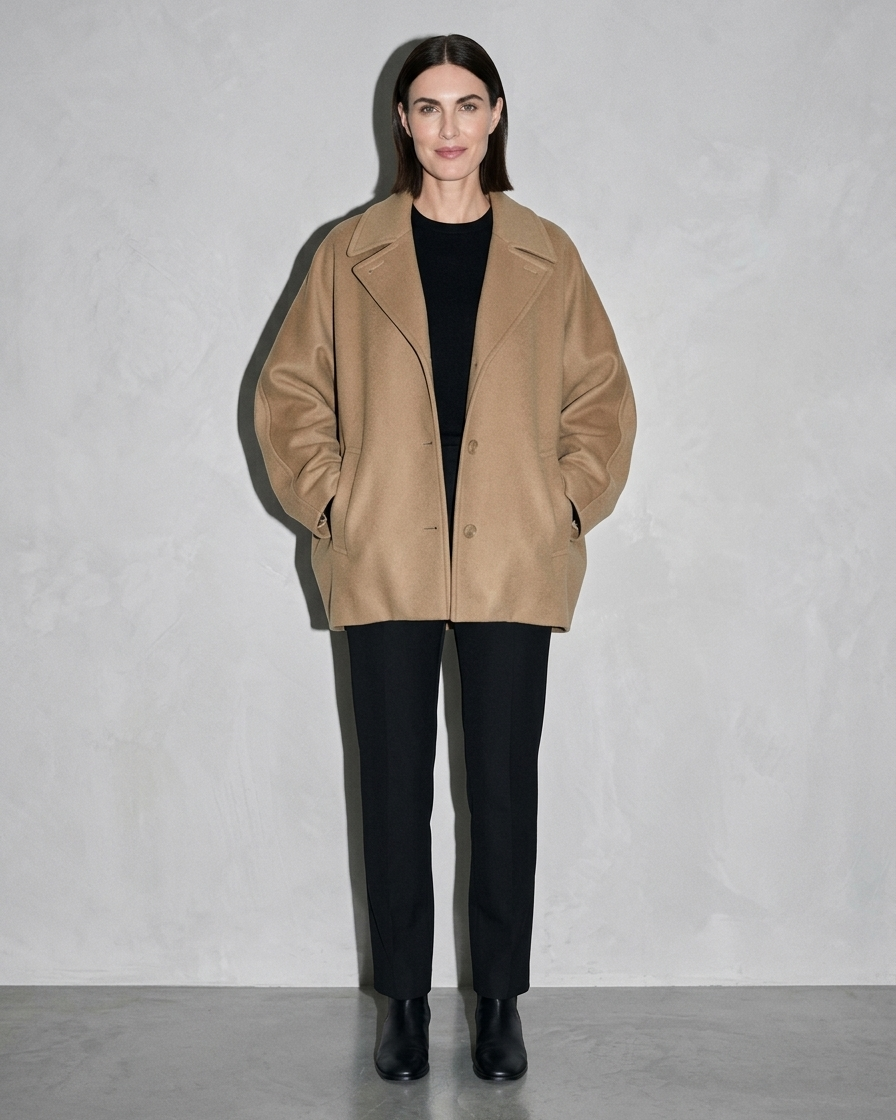 Women's Batwing-Sleeve Lapel Coat, hands in pockets, worn by model