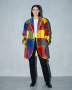 Women's Rainbow Plaid Button Coat with Pockets, hands in pockets, worn by model