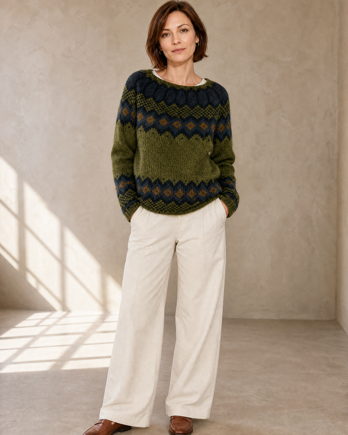 Women's Fashionable Pullover Sweater Top in Green, hands in pockets, worn by model