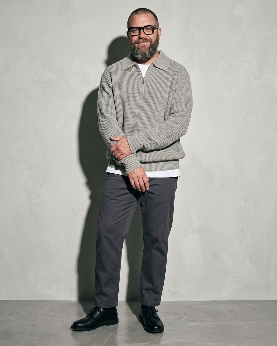 Men's Light Business Lapel Knit Sweater, loose arm cross, worn by model
