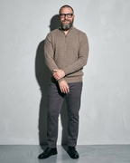 Men's Stand-Collar Cable-Knit Zip Sweater, loose arm cross, worn by model