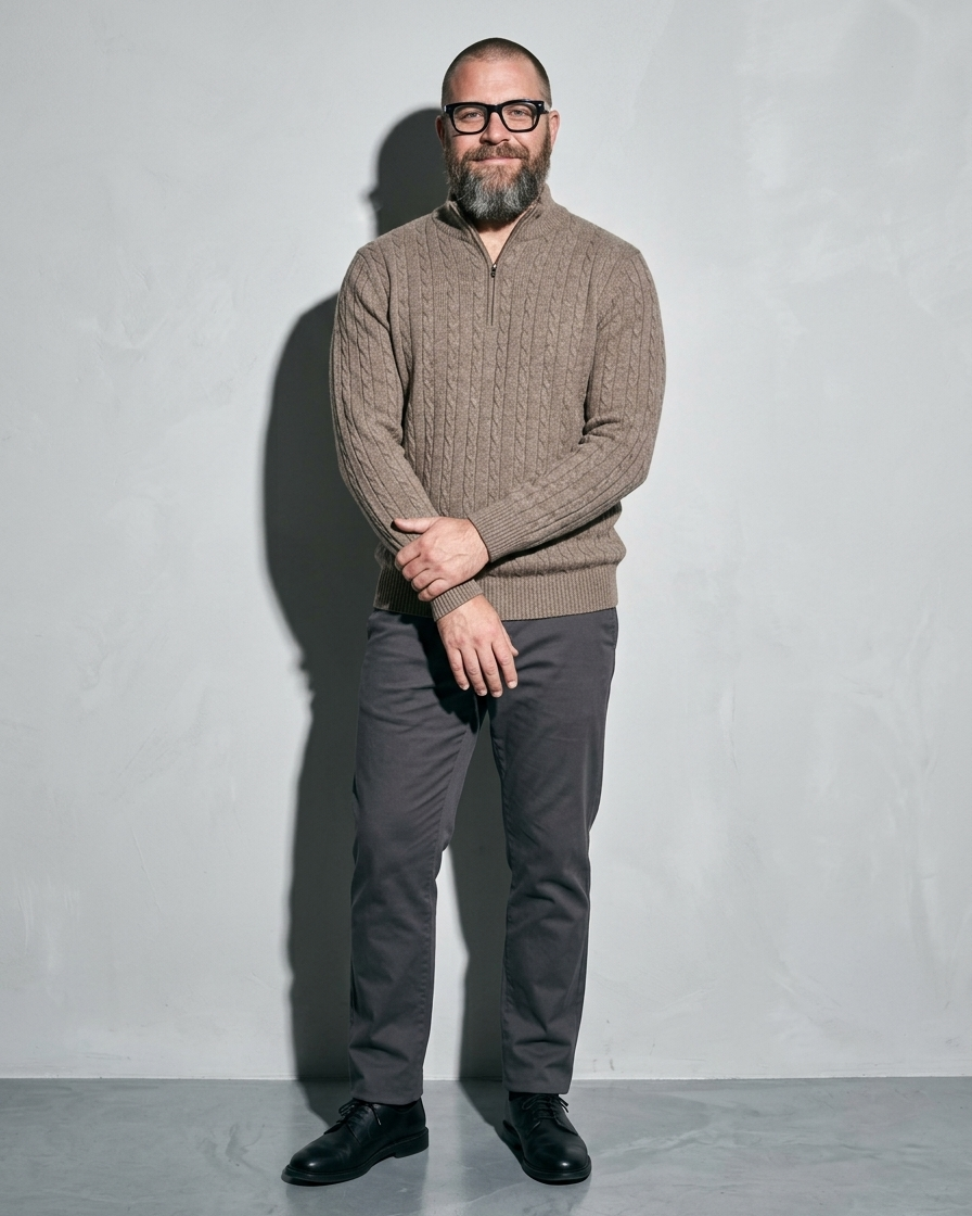 Men's Stand-Collar Cable-Knit Zip Sweater, loose arm cross, worn by model