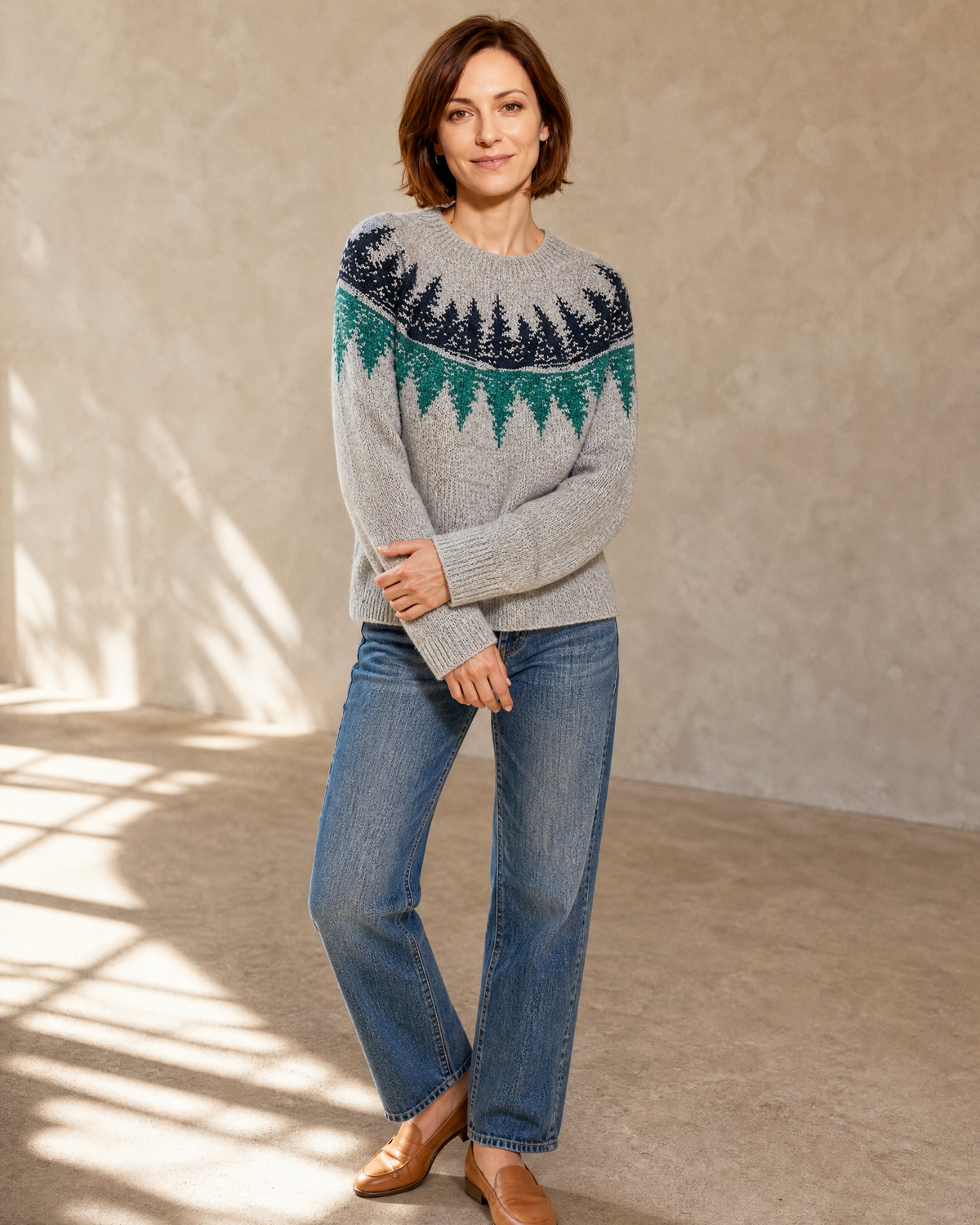 Women's Fashionable Pullover Sweater Top in Teal, loose arm cross, worn by model