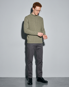 Men's Stand-Collar Cable-Knit Zip Sweater, adjusting the sleeve, worn by model