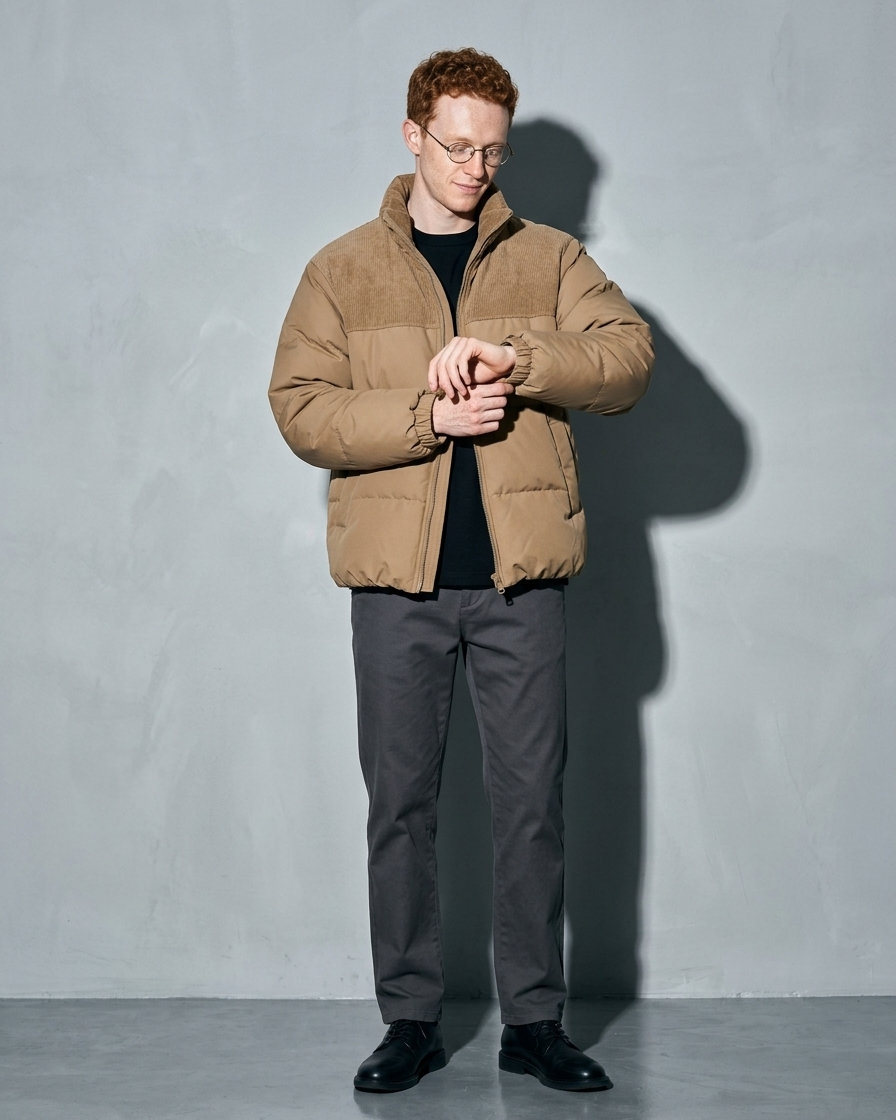 Duck Down Down Jacket Men's Winter American Outdoor, adjusting the sleeve, worn by model