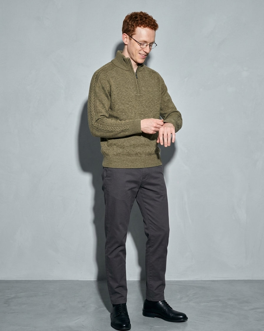 Zipper High Neck Thickened Woolen Sweater, adjusting the sleeve, worn by model