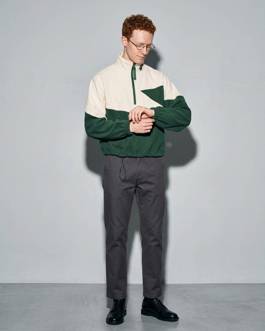 Men's Cropped Stand-Collar Zip Sweater, adjusting the sleeve, worn by model