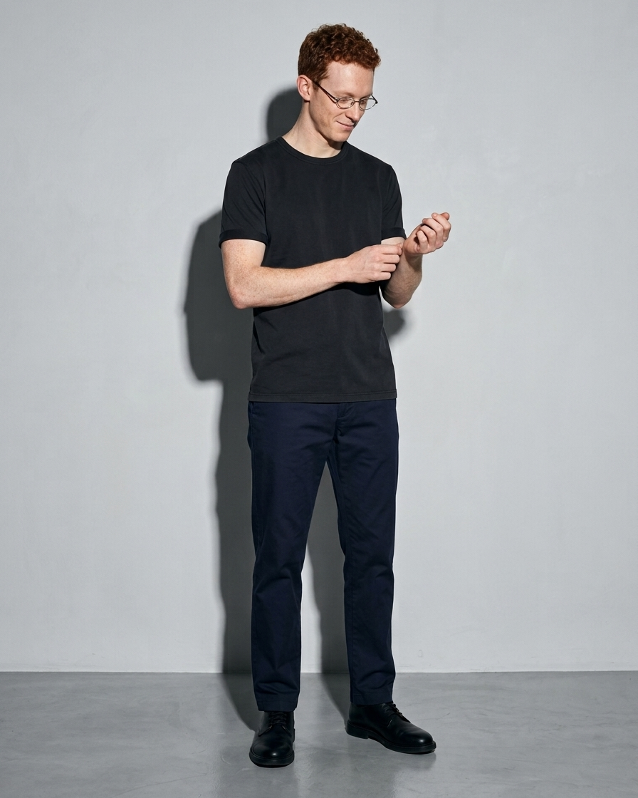 Men's Lightweight Solid Crewneck T-Shirt, adjusting the sleeve, worn by model