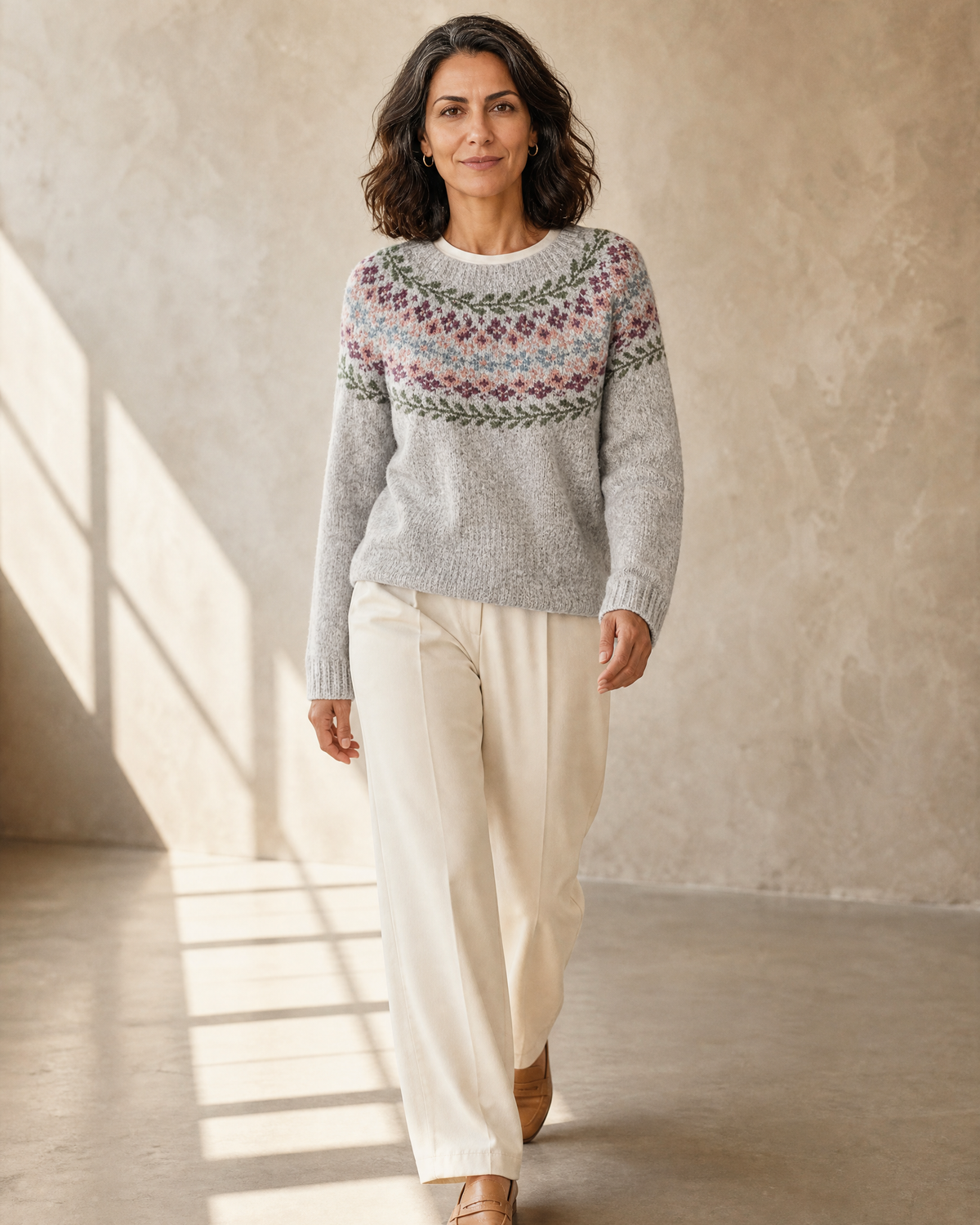 Women's Fashionable Pullover Sweater Top in Grey, walking toward camera, worn by model