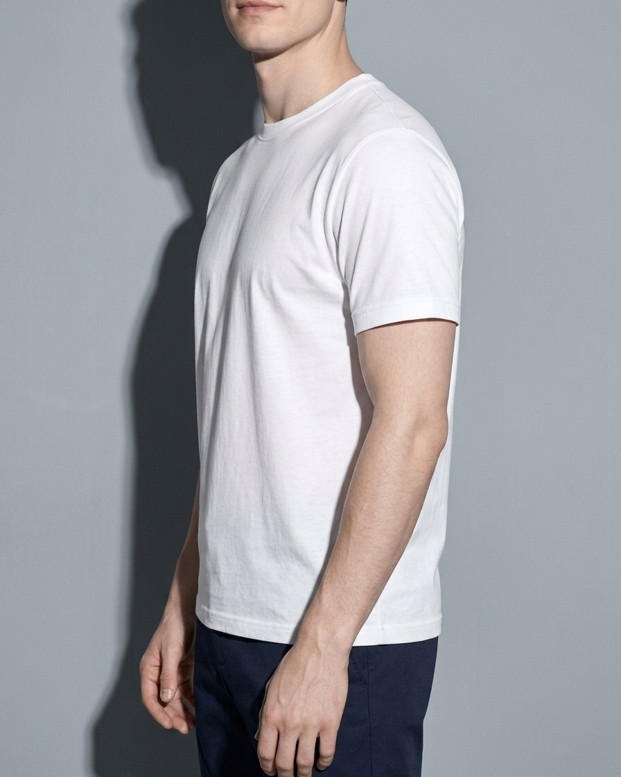 Men's Lightweight Solid Crewneck T-Shirt, bust-to-thigh, slight back turn, worn by model