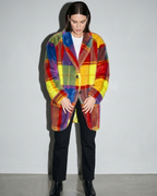 Women's Rainbow Plaid Button Coat with Pockets, two-handed hem straighten, worn by model