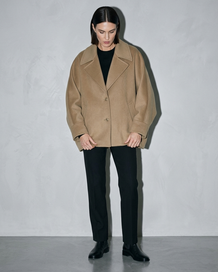 Women's Batwing-Sleeve Lapel Coat, two-handed hem straighten, worn by model