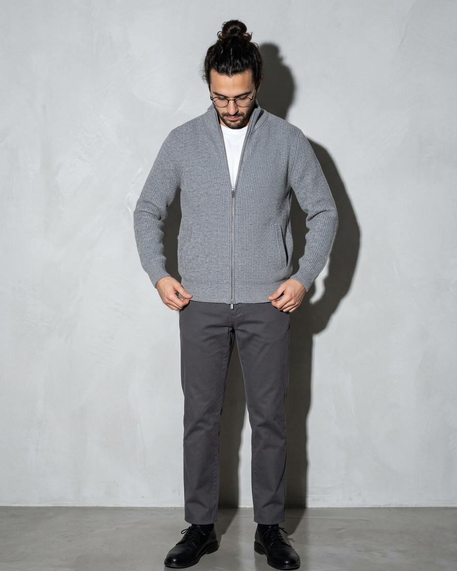 Men's Retro Zip-Front Knit Cardigan, two-handed hem straighten, worn by model