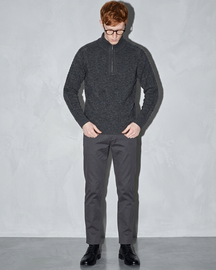 Zipper High Neck Thickened Woolen Sweater, two-handed hem straighten, worn by model