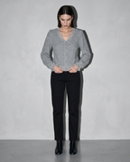 V-Neck Lace Crochet Button-Front Cardigan, two-handed hem straighten, worn by model