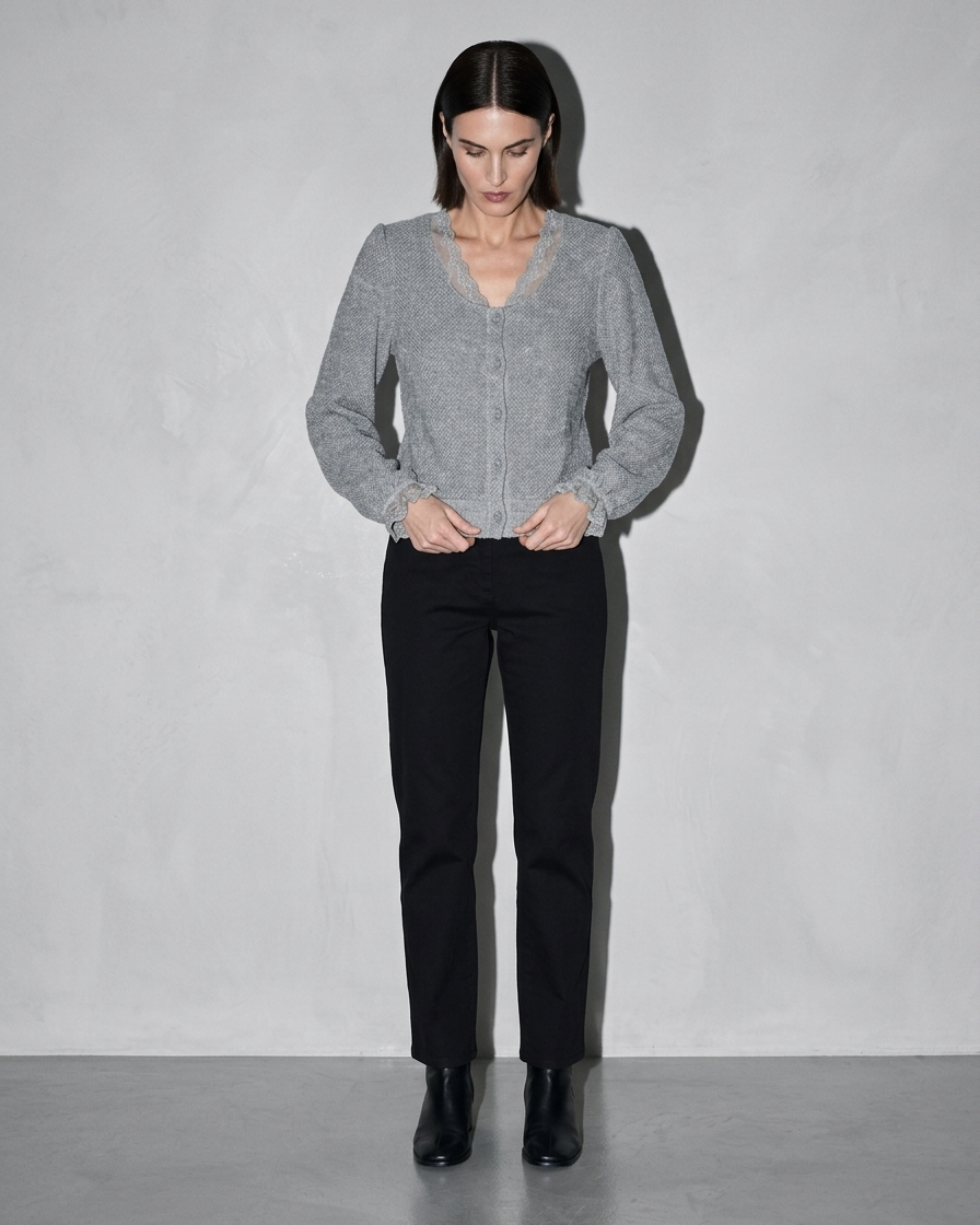 V-Neck Lace Crochet Button-Front Cardigan, two-handed hem straighten, worn by model