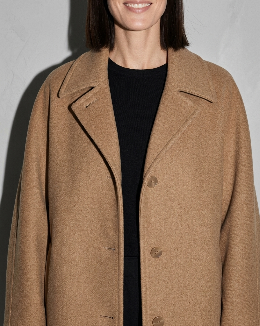 Women's Batwing-Sleeve Lapel Coat, macro, front opening, worn by model