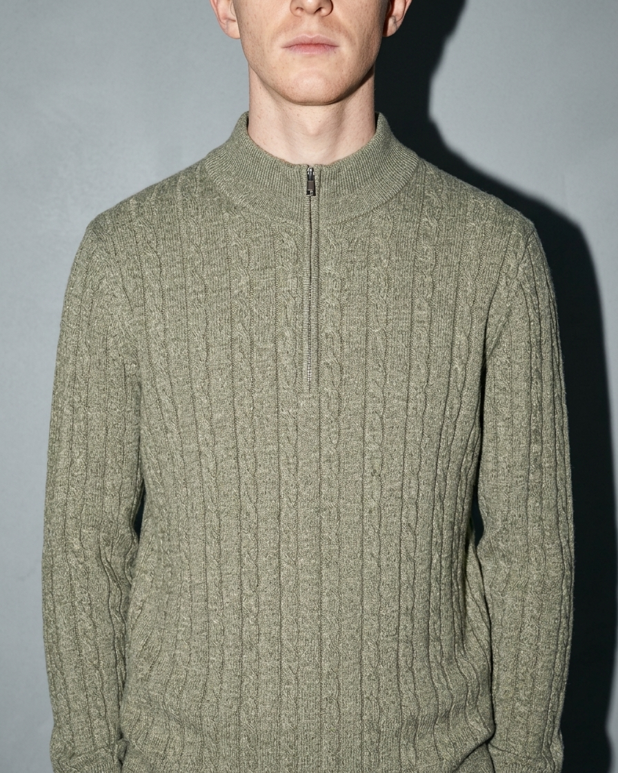 Men's Stand-Collar Cable-Knit Zip Sweater, macro, front opening, worn by model