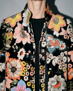 Women's Black Printed Velvet Long Coat, macro, front opening, worn by model