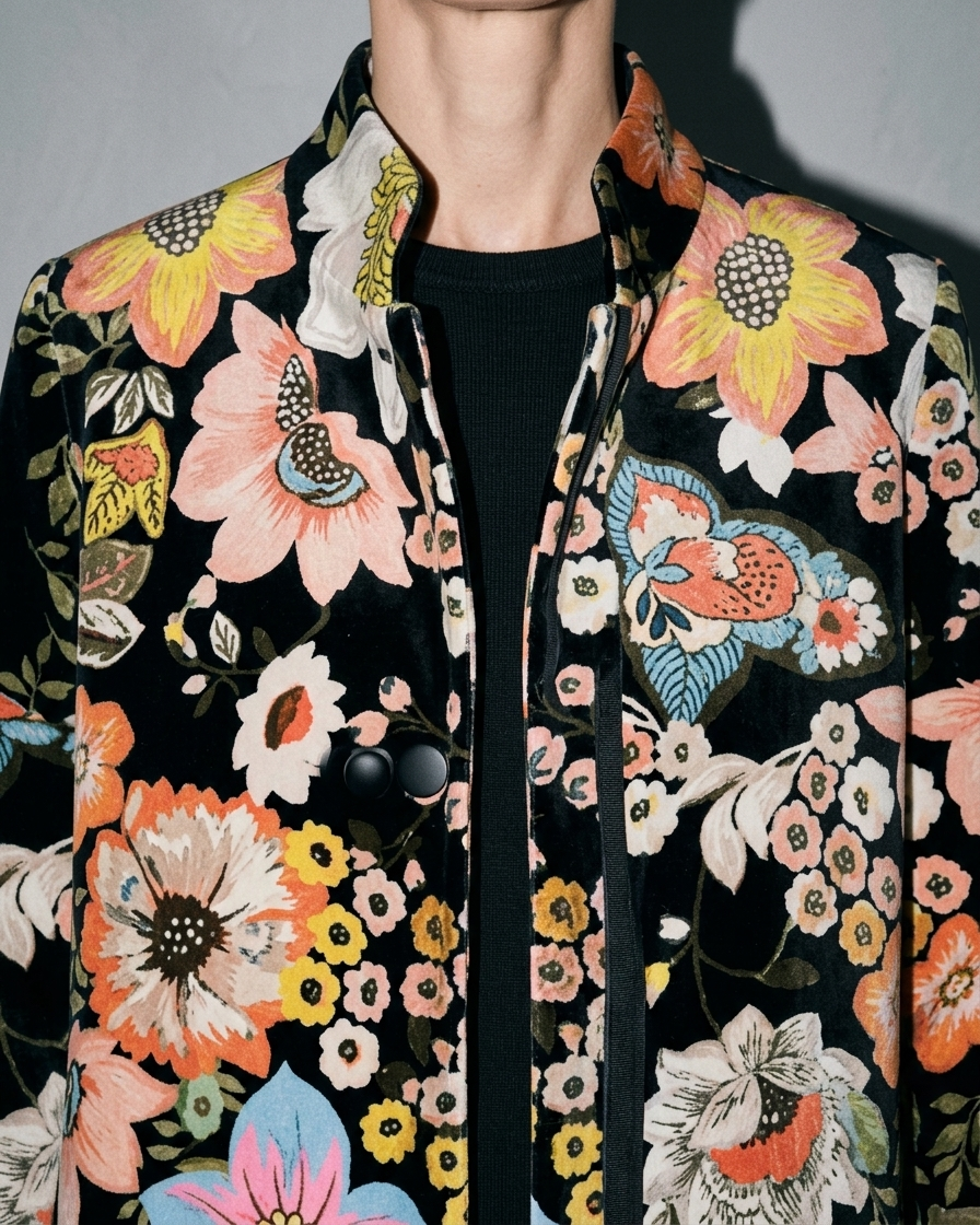 Women's Black Printed Velvet Long Coat, macro, front opening, worn by model