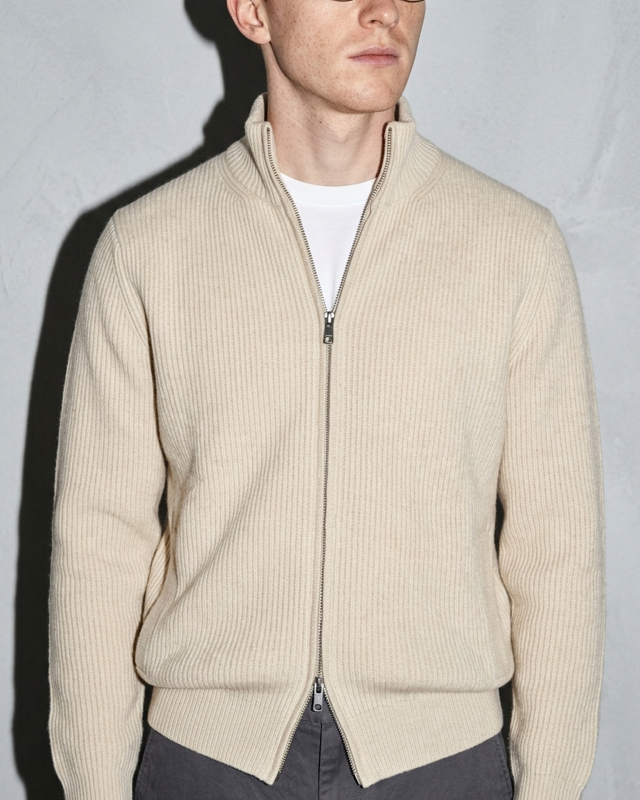 Men's Retro Zip-Front Knit Cardigan, macro, front opening, worn by model
