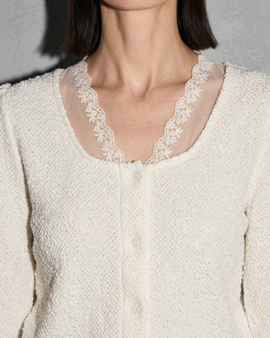 V-Neck Lace Crochet Button-Front Cardigan, macro, front opening, worn by model