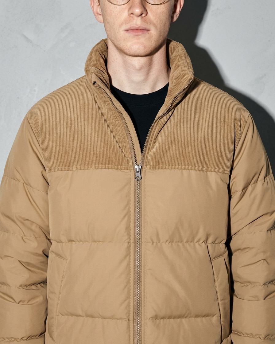 Duck Down Down Jacket Men's Winter American Outdoor, macro, front opening, worn by model